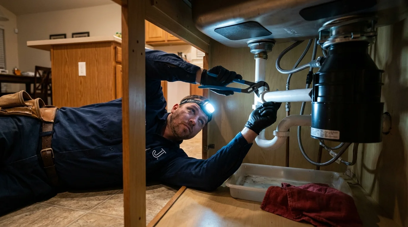 P-trap and supply line connections under a kitchen sink showing a common leak point in Kanab, UT